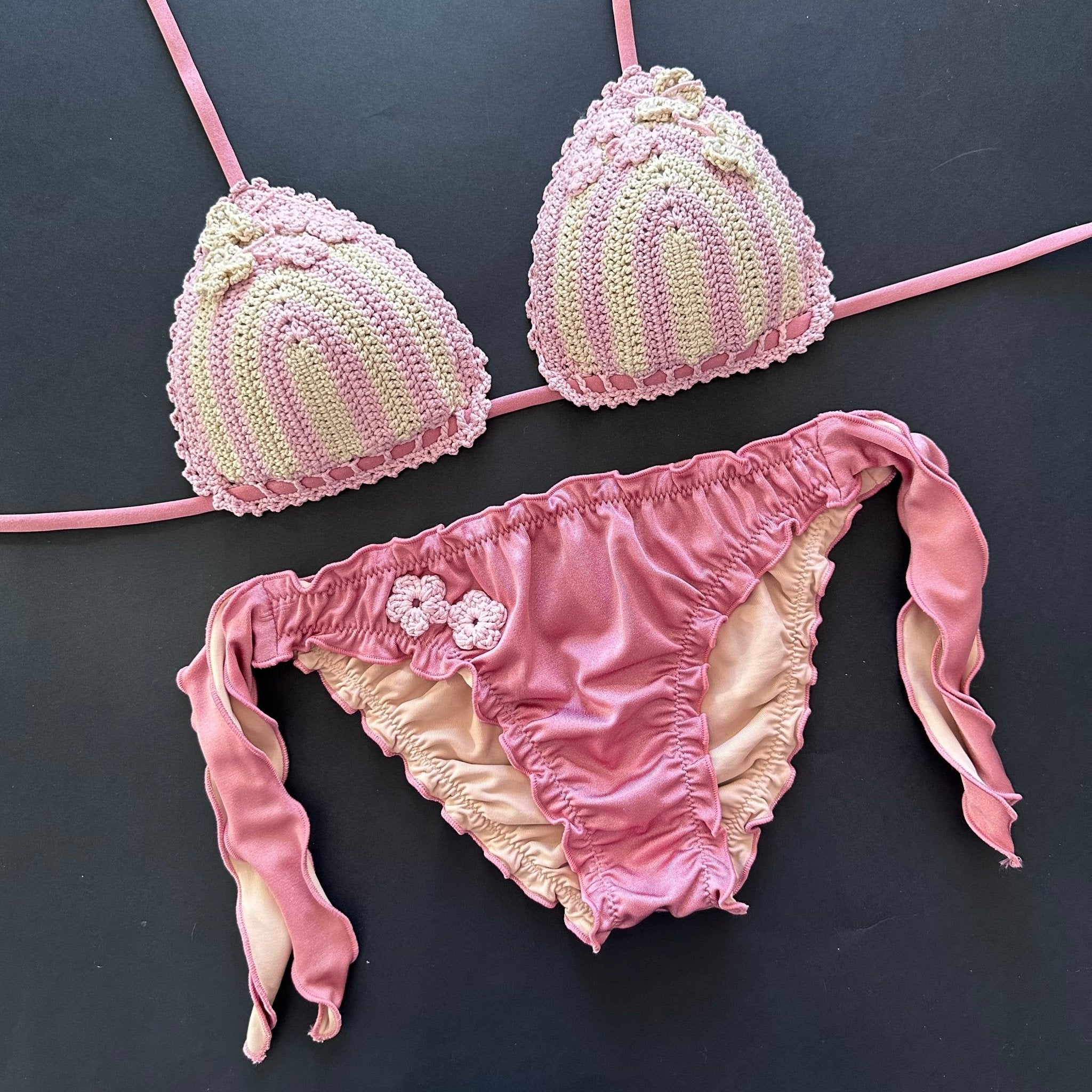 Bikini Triangolo Uncinetto Fiori Rosa Cipria Panna Bikini D'amare