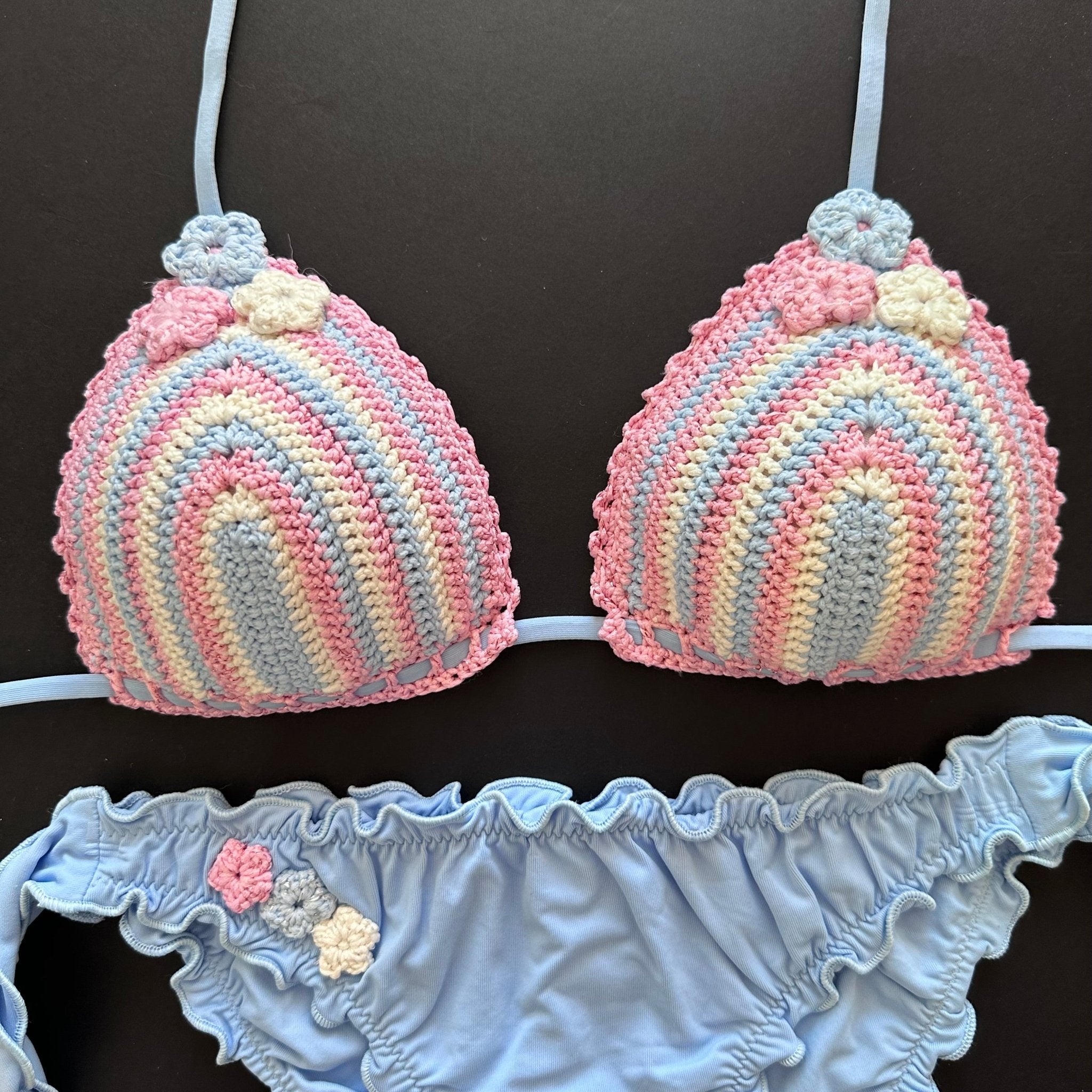 Bikini Triangolo Uncinetto Fiori Pervinca Rosa Bikini D'amare