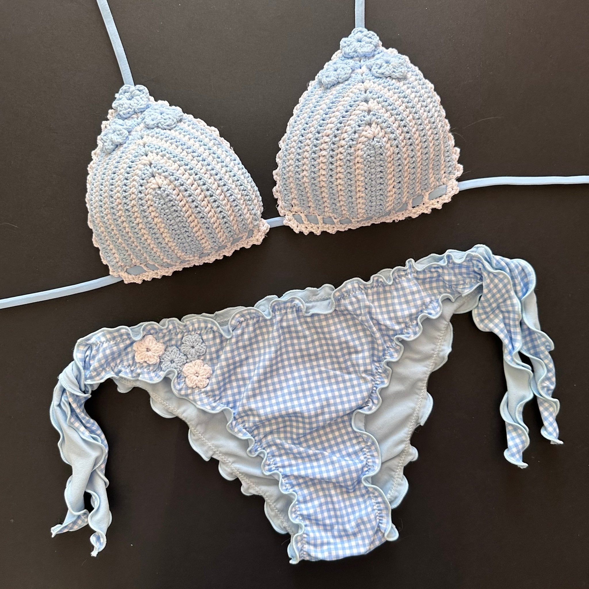 Bikini Triangolo Uncinetto Fiori Celeste Vichy Bikini D'amare