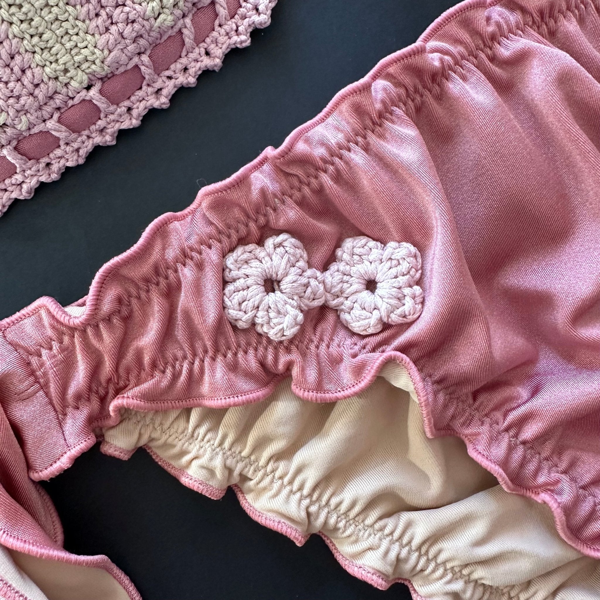 Bikini Triangolo Uncinetto Fiori Rosa Cipria Panna Bikini D'amare