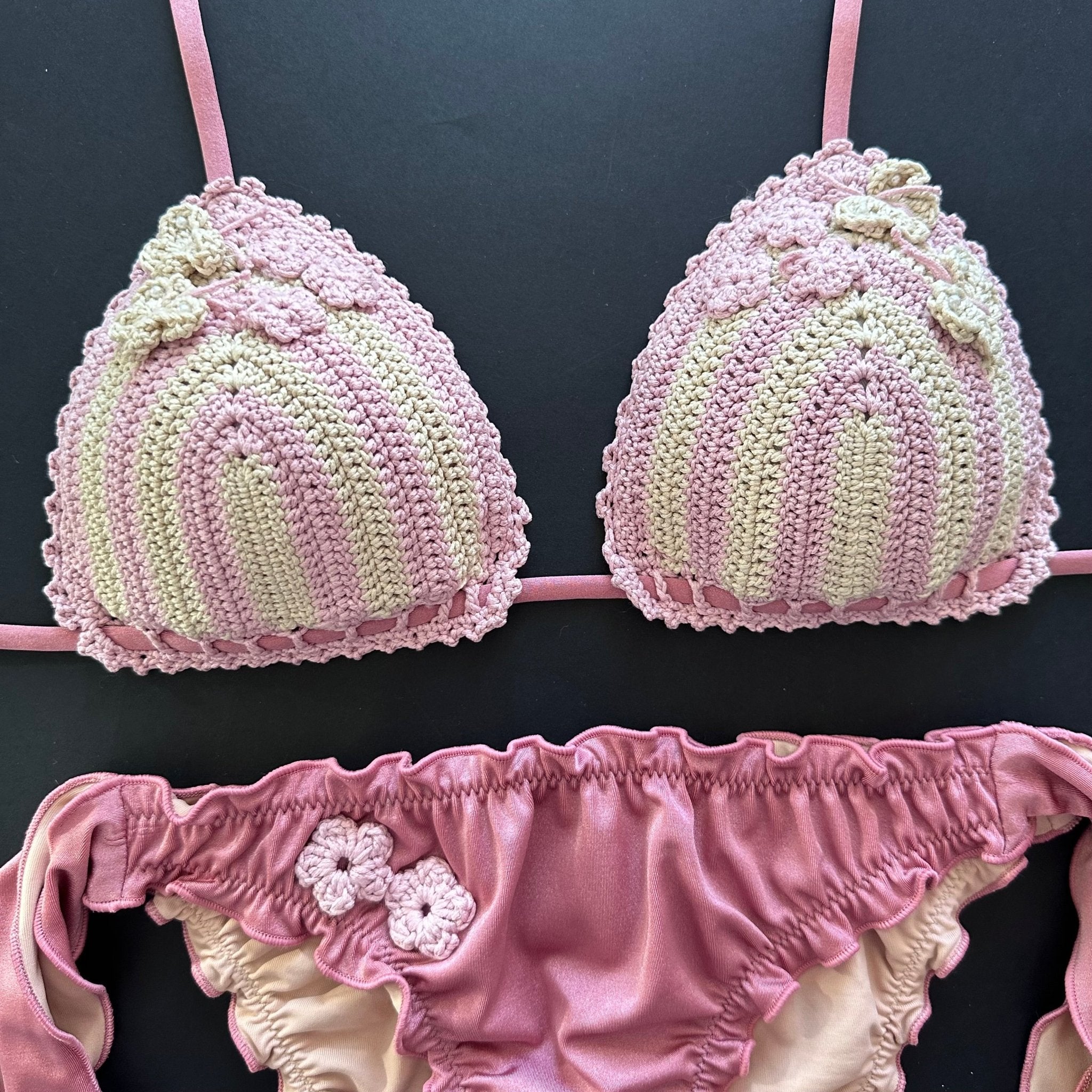 Bikini Triangolo Uncinetto Fiori Rosa Cipria Panna Bikini D'amare