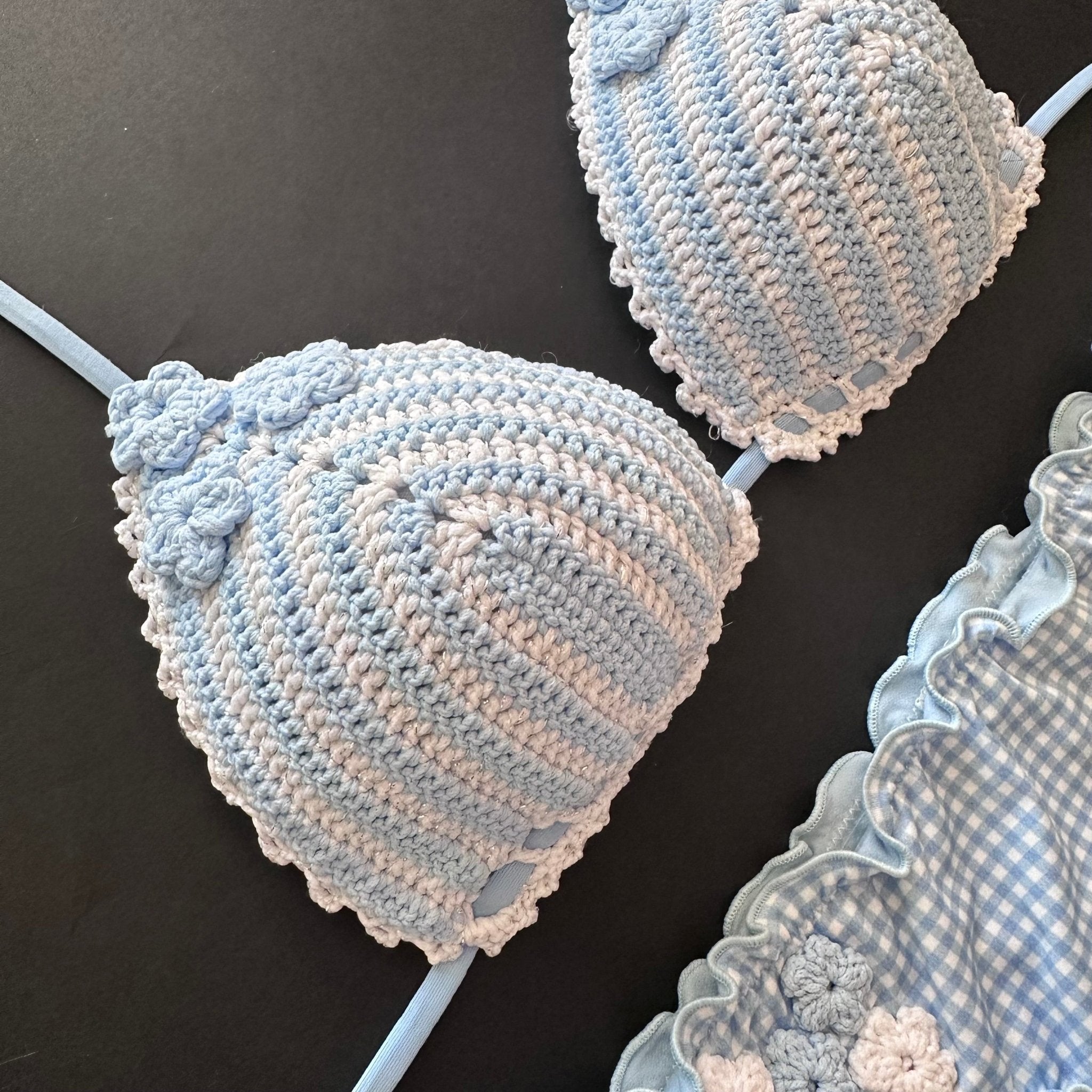 Bikini Triangolo Uncinetto Fiori Celeste Vichy Bikini D'amare