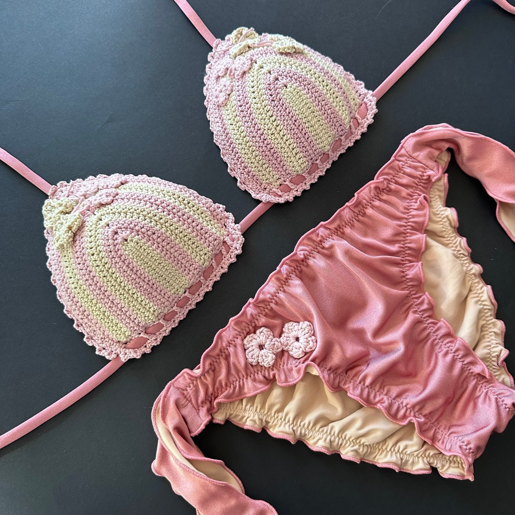 Bikini Triangolo Uncinetto Fiori Rosa Cipria Panna Bikini D'amare