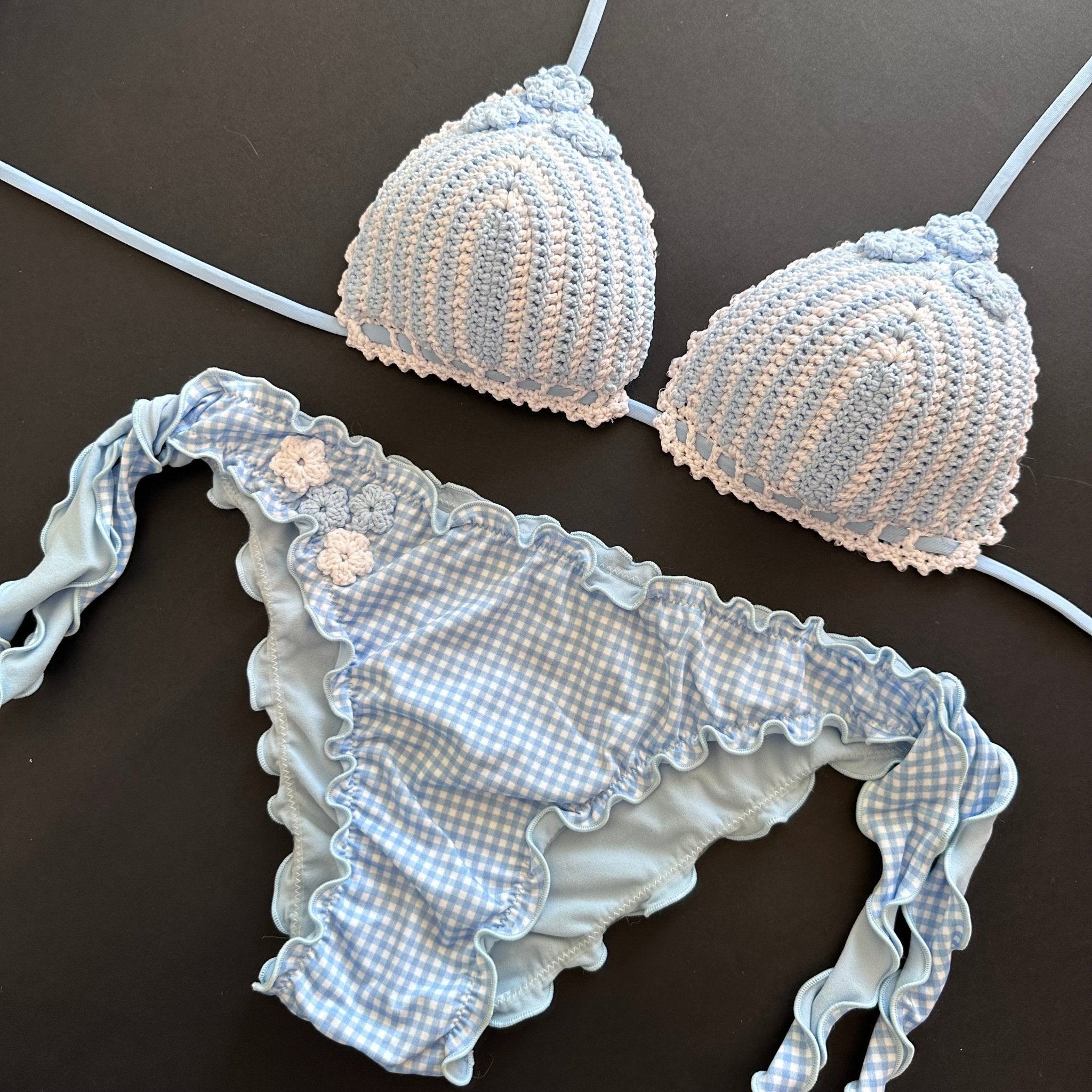 Bikini Triangolo Uncinetto Fiori Celeste Vichy Bikini D'amare