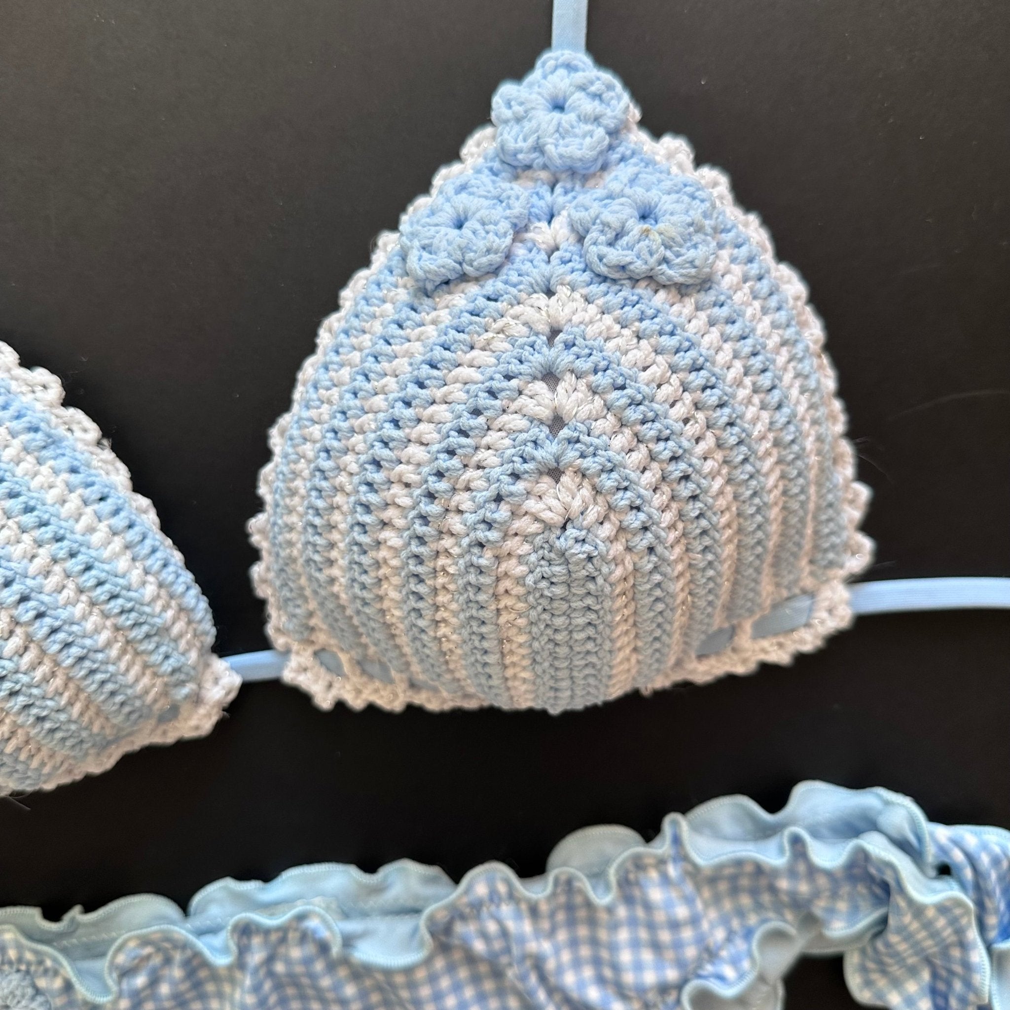 Bikini Triangolo Uncinetto Fiori Celeste Vichy Bikini D'amare