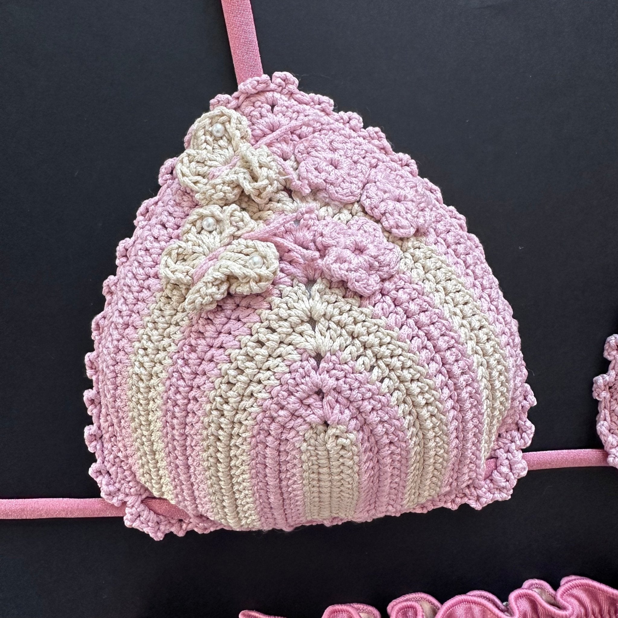 Bikini Triangolo Uncinetto Fiori Rosa Cipria Panna Bikini D'amare