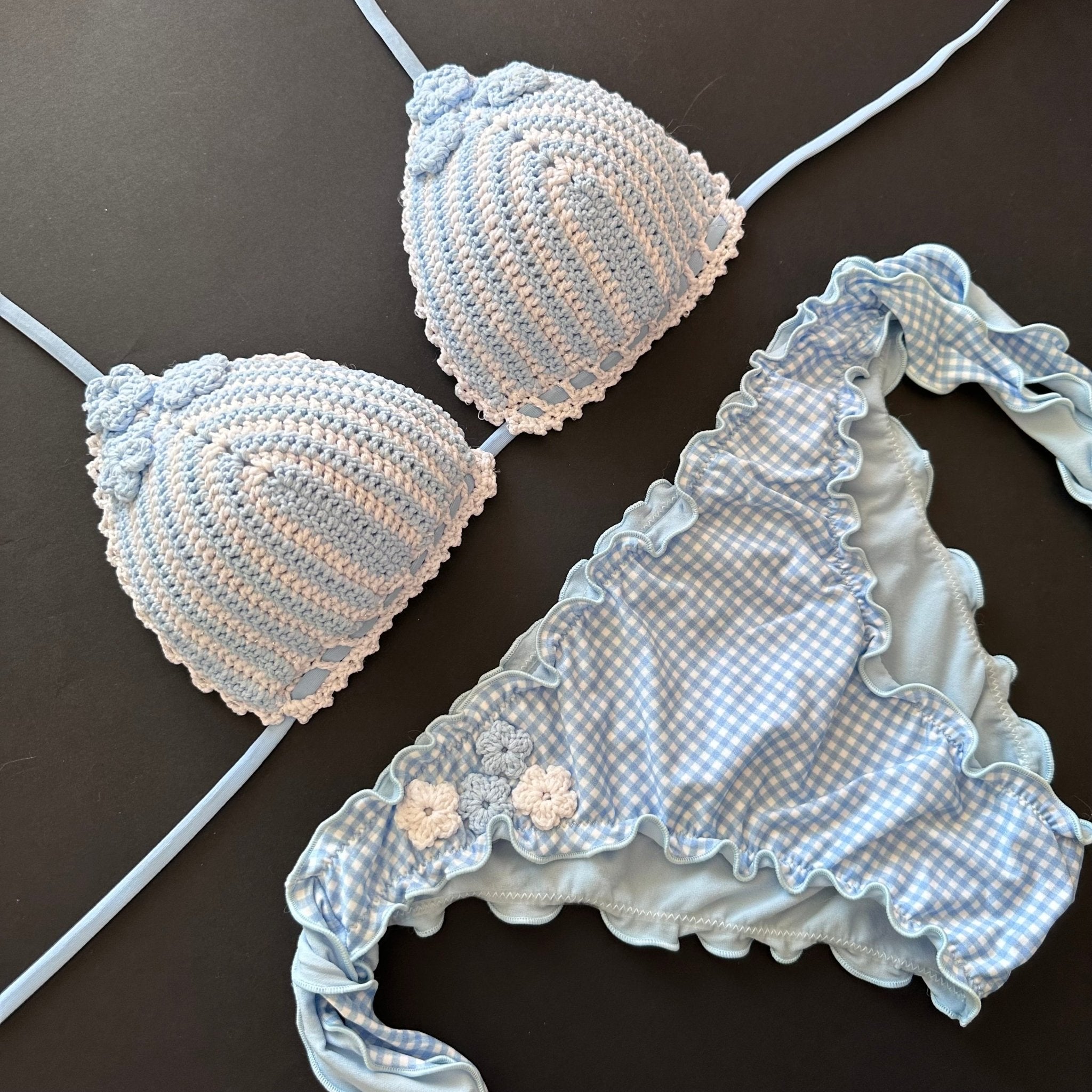 Bikini Triangolo Uncinetto Fiori Celeste Vichy Bikini D'amare