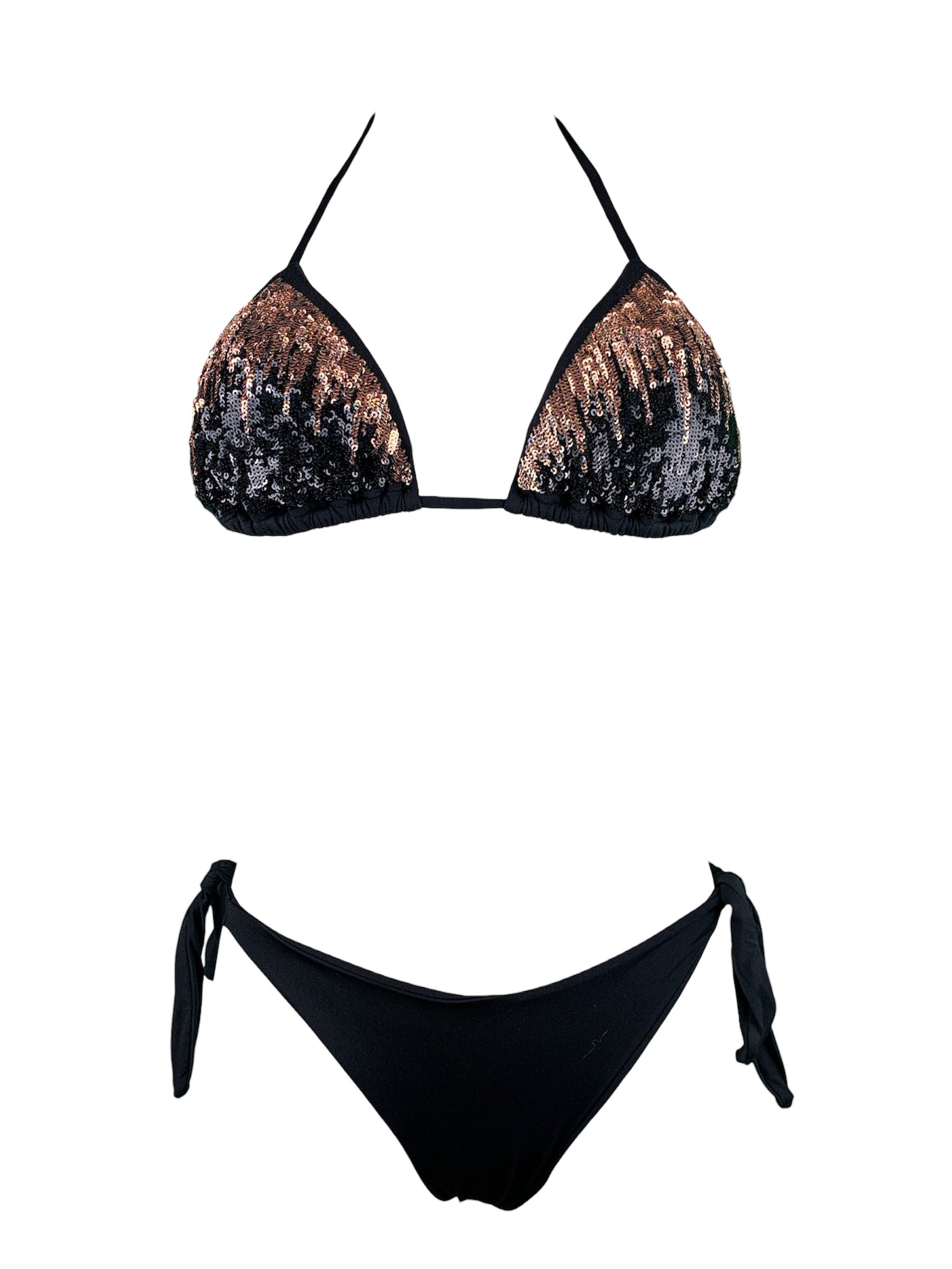 Bikini Triangolo Paillettes Fiammate Bronzo-Nero