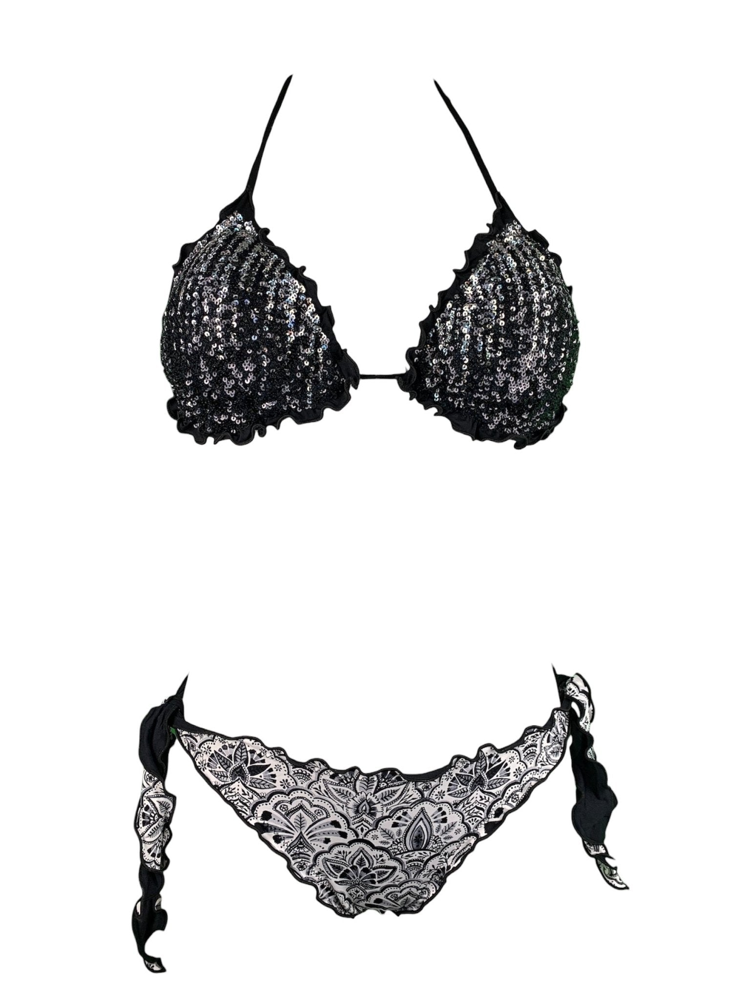 Bikini Triangolo Paillettes Fiammate Argento - Nero - Bikini D'amare Riccione
