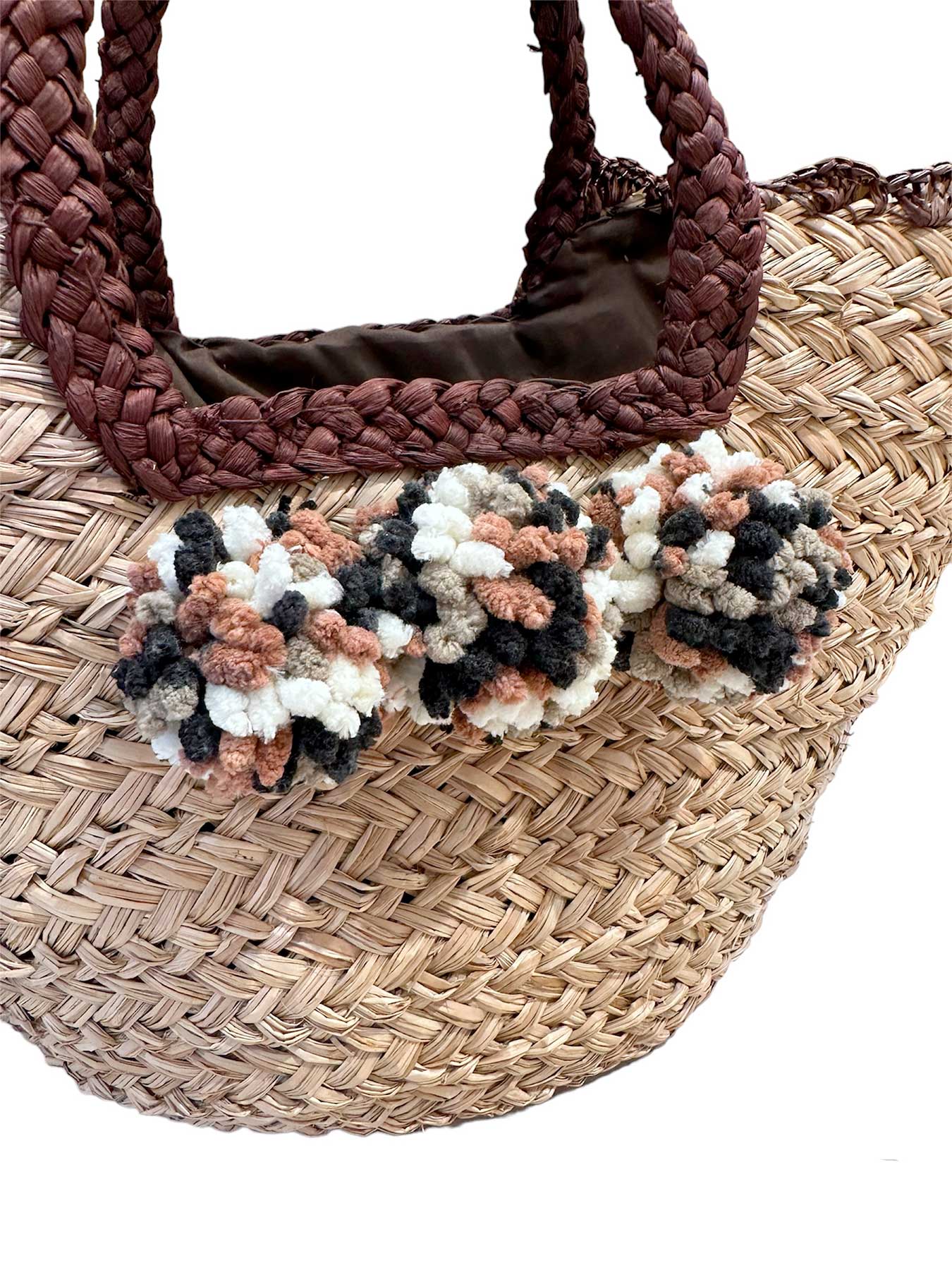 Borsa Mare di Paglia Marrone con Pon Pon Bikini D'amare