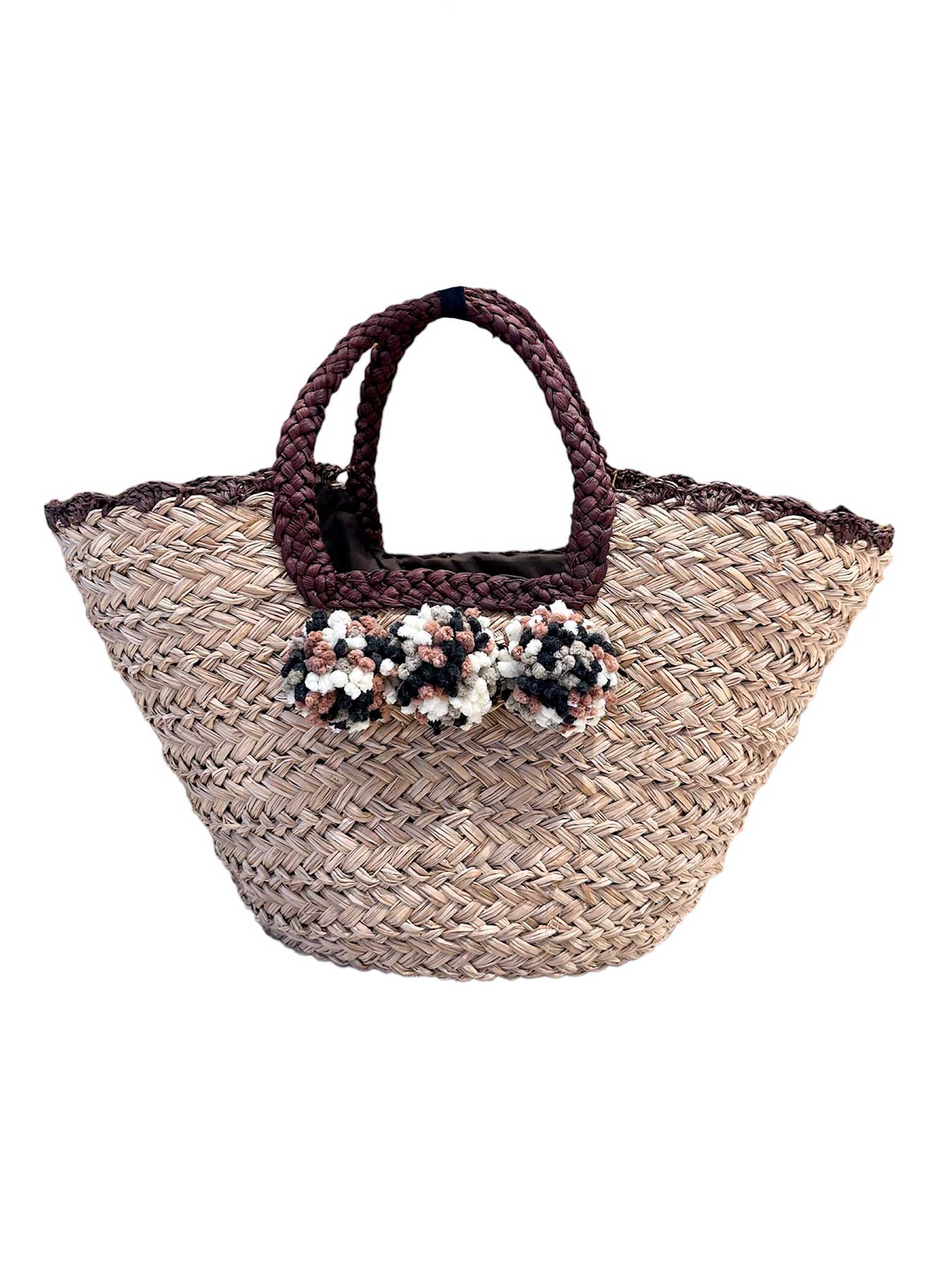 Borsa Mare di Paglia Marrone con Pon Pon Bikini D'amare